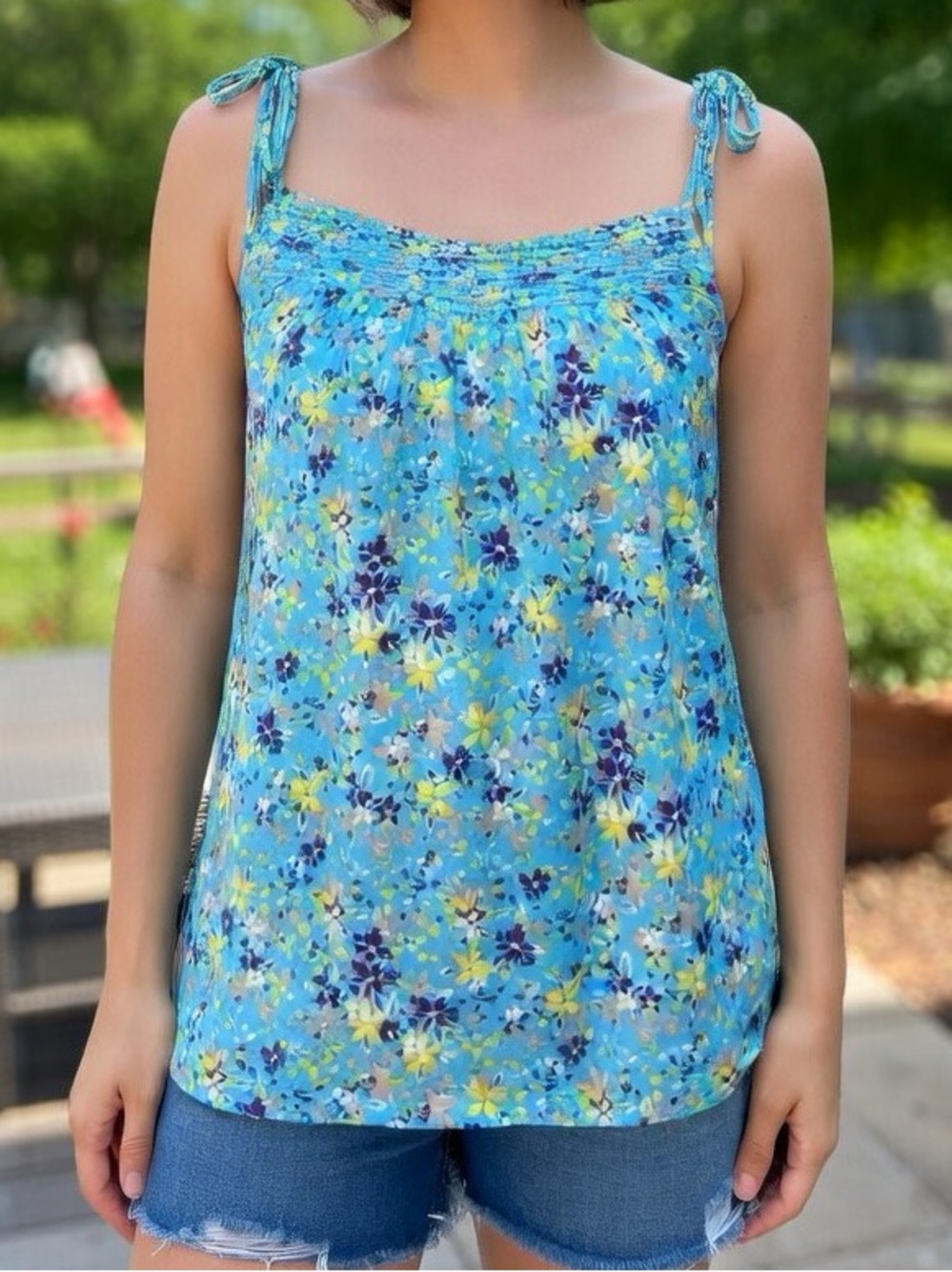 Old Navy Blue Floral Tie Strap Cami Tank Top XS 100% Cotton Boho Summer Top EUC